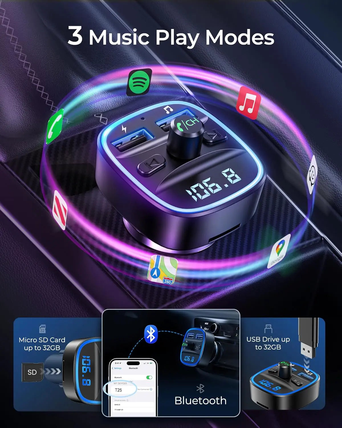 Bluetooth FM Transmitter Wireless Radio Adapter Car Kit with Dual USB Charging, Audio Receiver Car Charger MP3 Player, Support Hands-Free Calling, TF Card & USB Disk